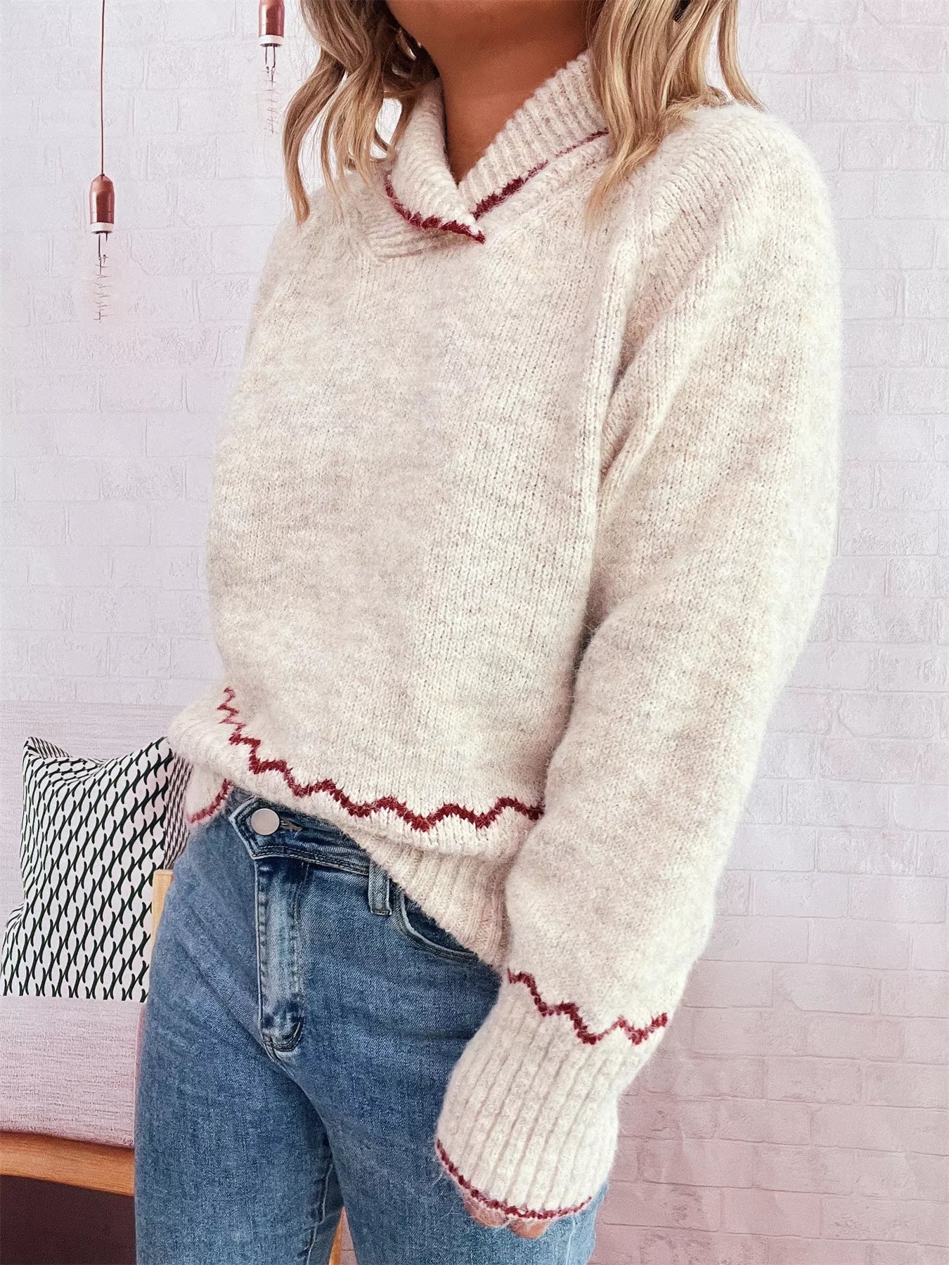 Ribbed Contrast Trim Long Sleeve Sweater 