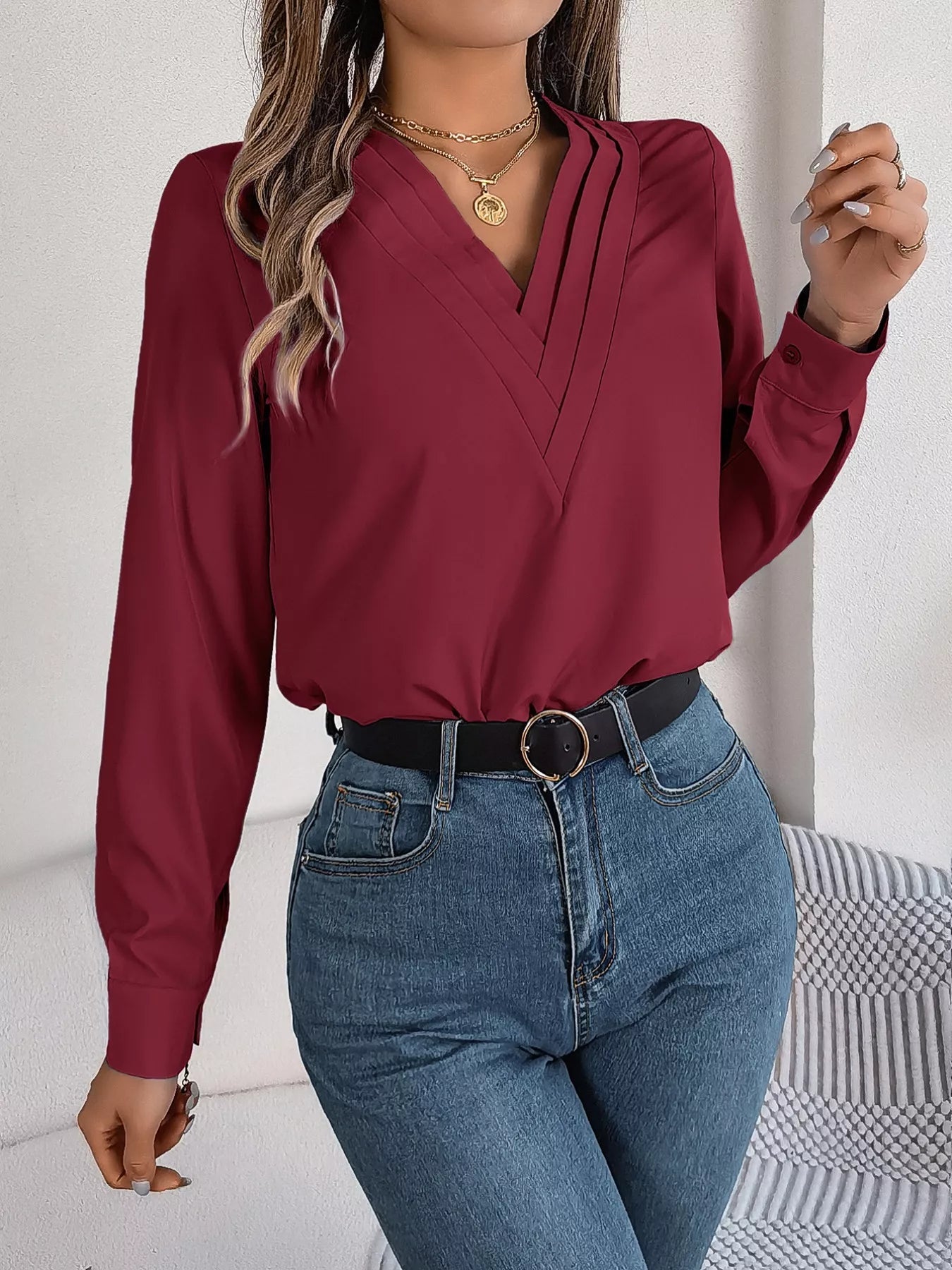 Layered V-Neck Long Sleeve Blouse 