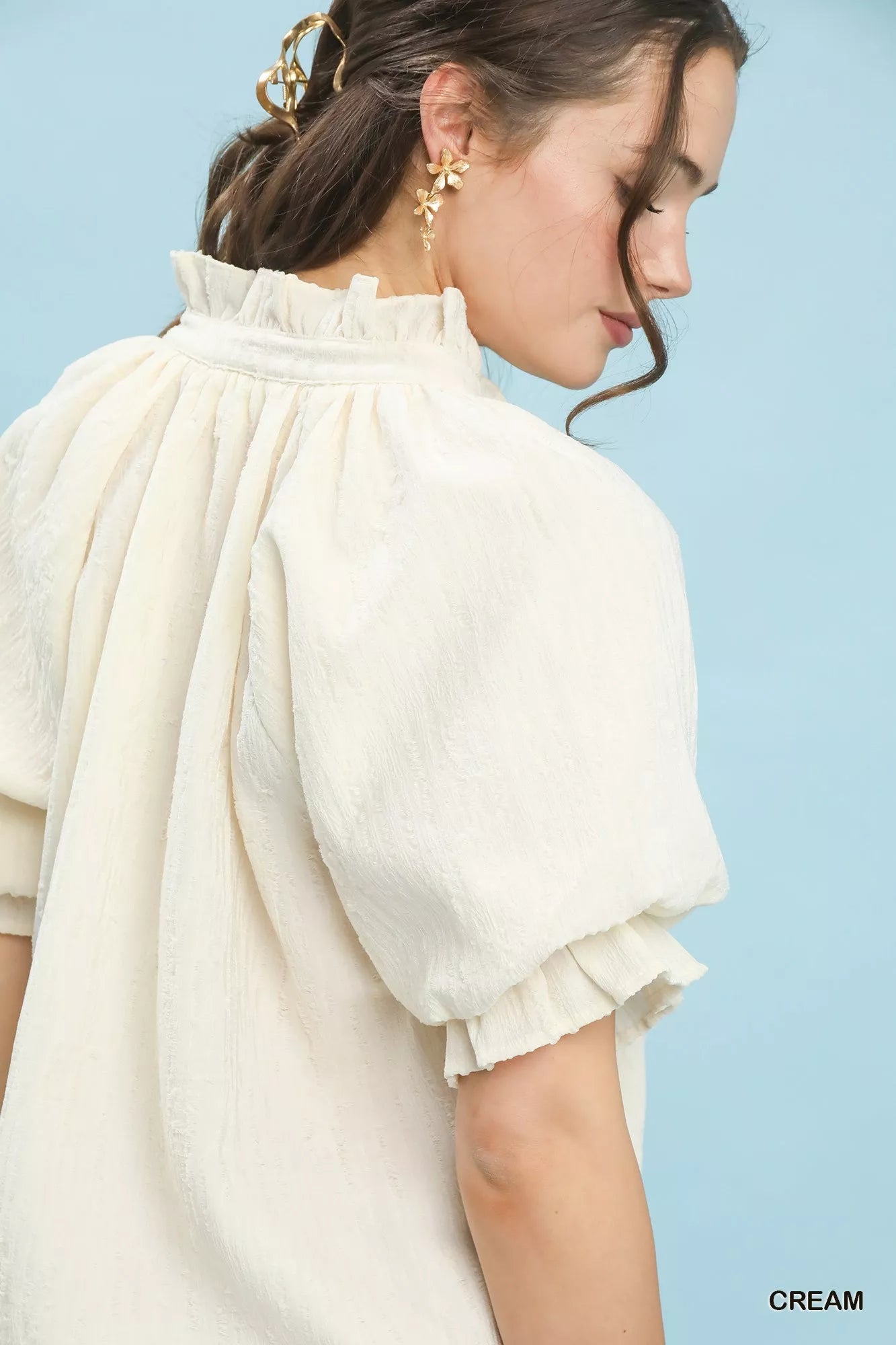 Umgee Textured Puff Sleeve Split Neck Top 