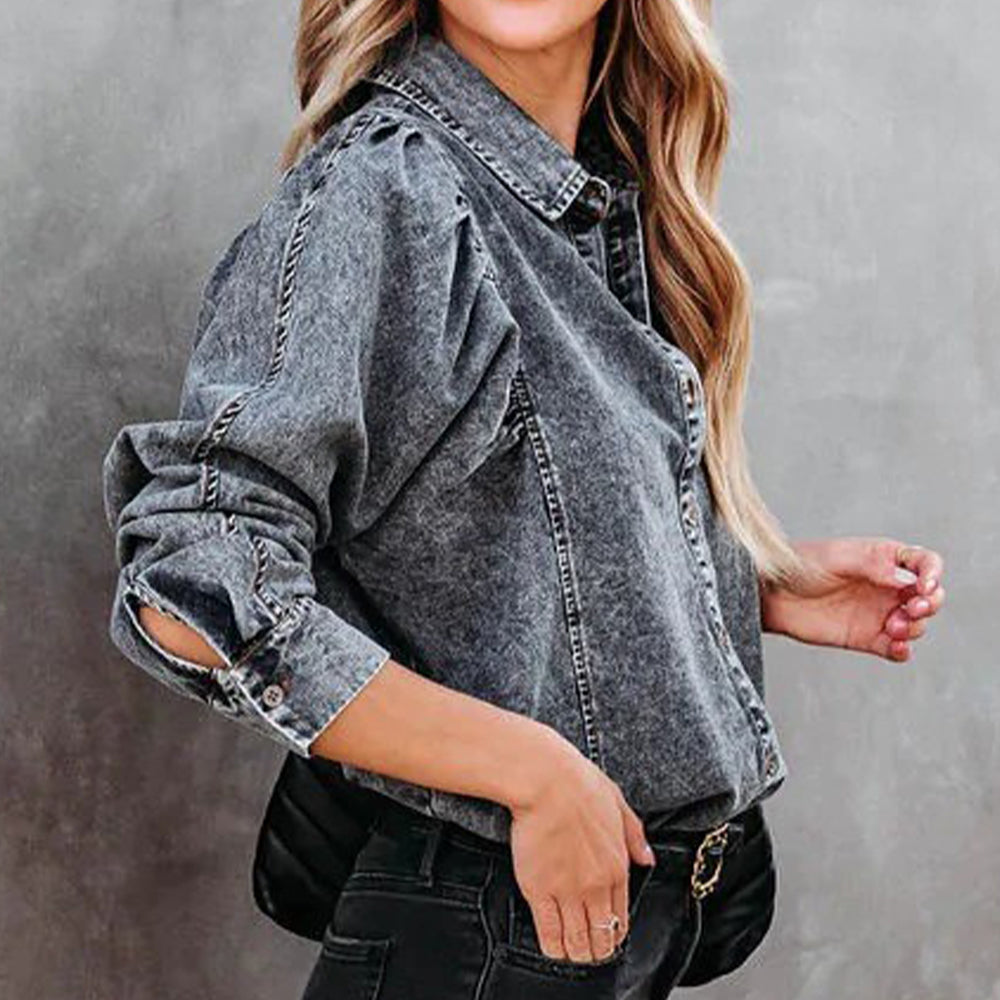 Collared Neck Buttoned Denim Shirt 