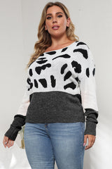 Plus Size Leopard Round Neck Long Sleeve Sweater 