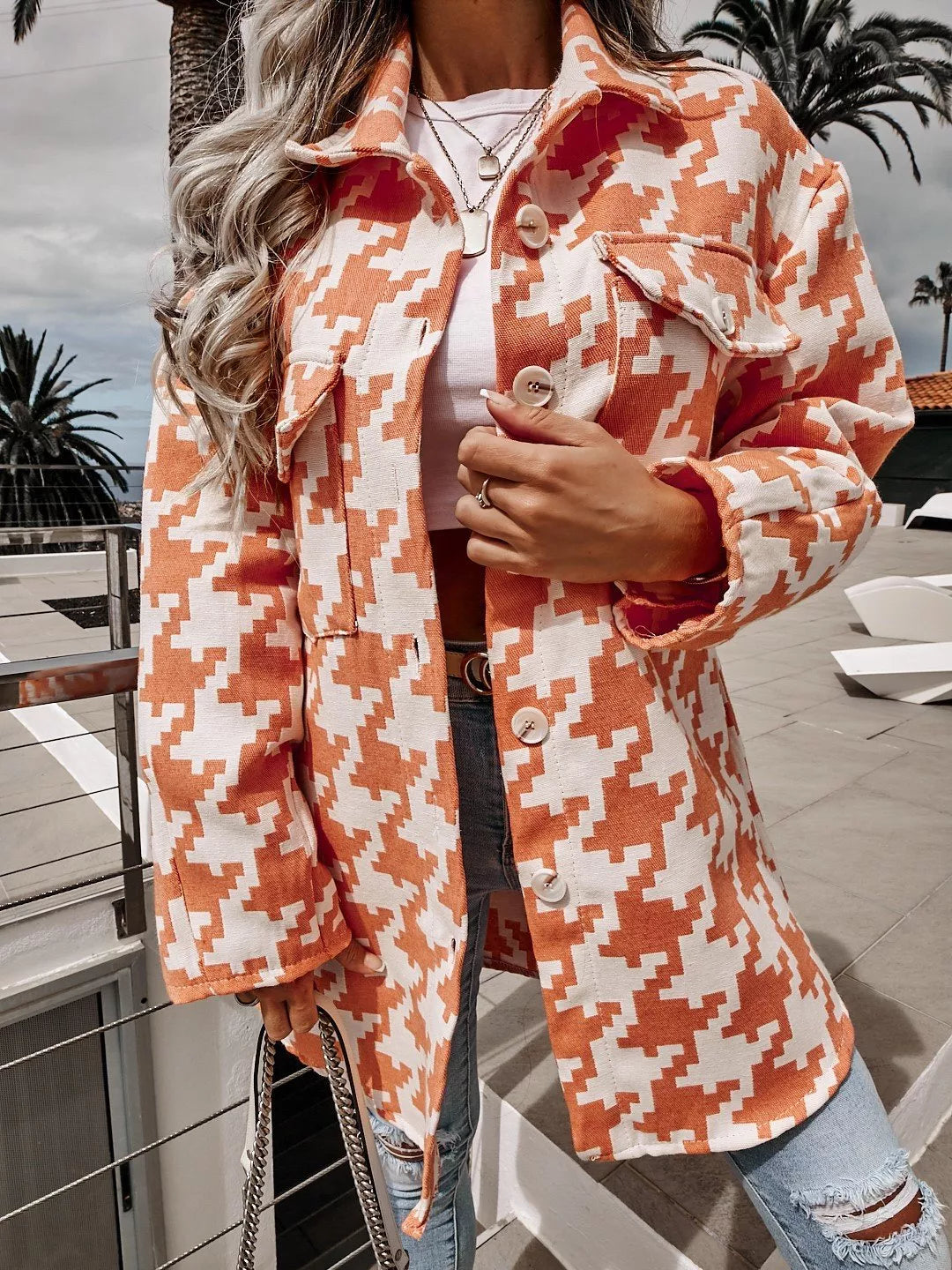 Houndstooth Button Up Long Sleeve Outerwear 