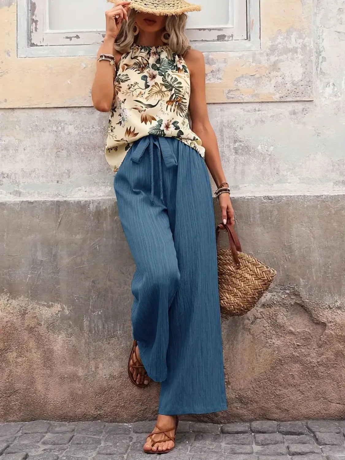 Printed Tank Top and Wide Leg Pants Set 