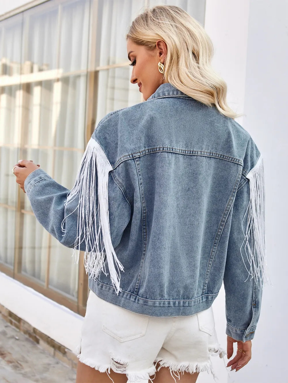 Tassel Button Up Dropped Shoulder Denim Jacket 