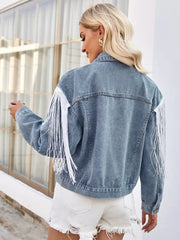 Tassel Button Up Dropped Shoulder Denim Jacket 