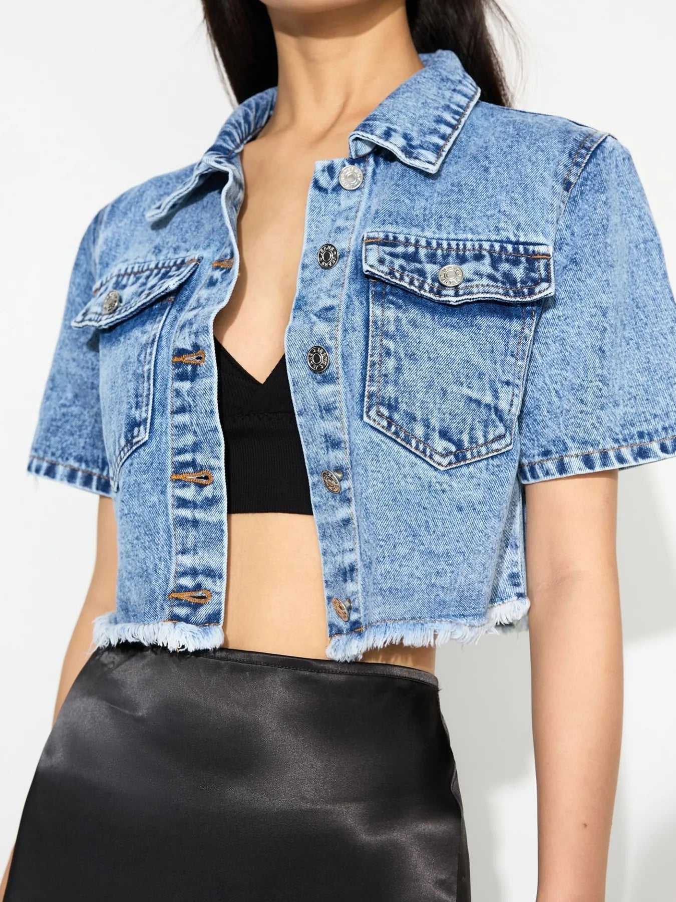Cropped Short Sleeve Denim Jacket with Frayed Hem 