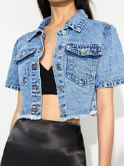 Cropped Short Sleeve Denim Jacket with Frayed Hem 