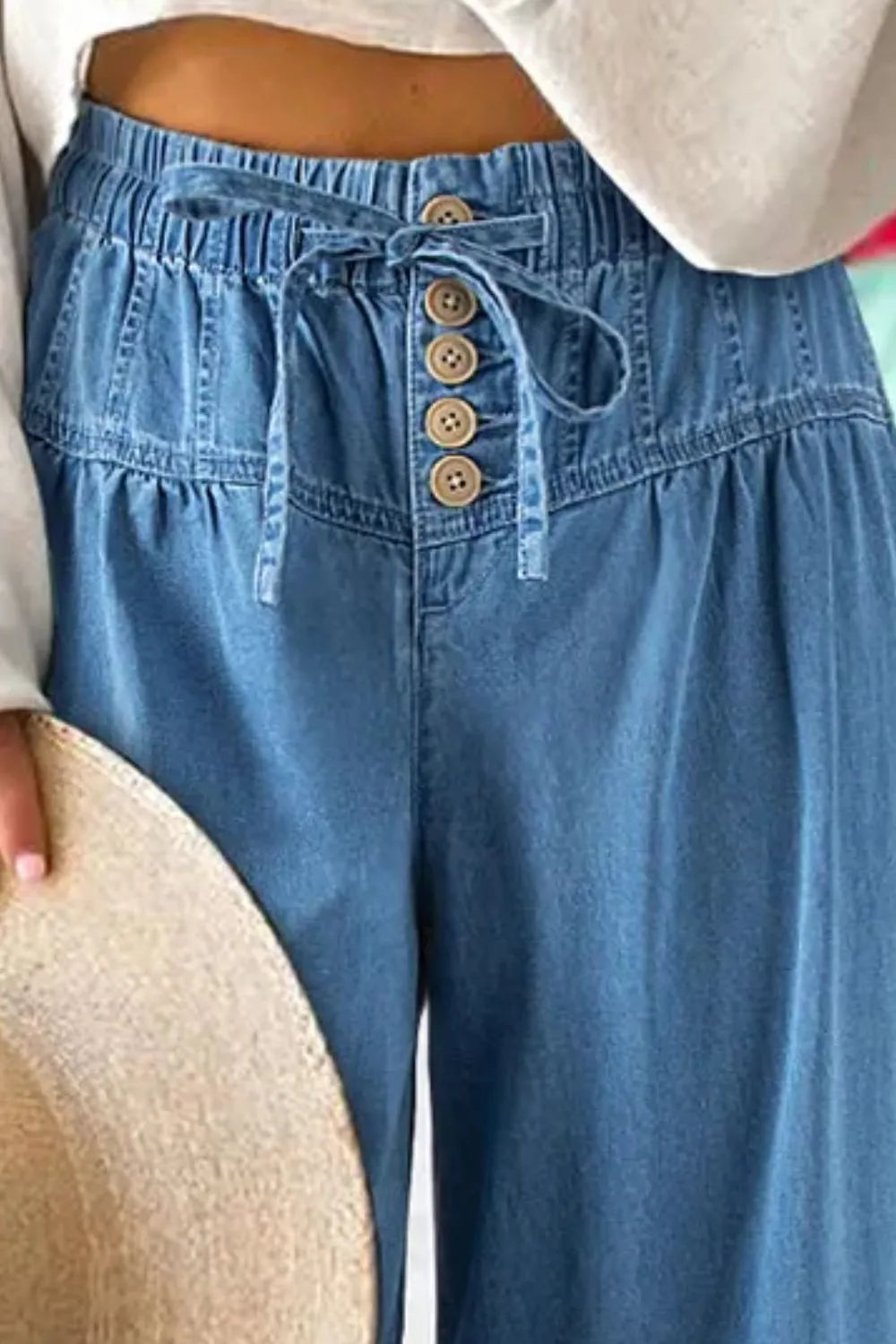 Drawstring Elastic Waist Wide Leg Jeans 