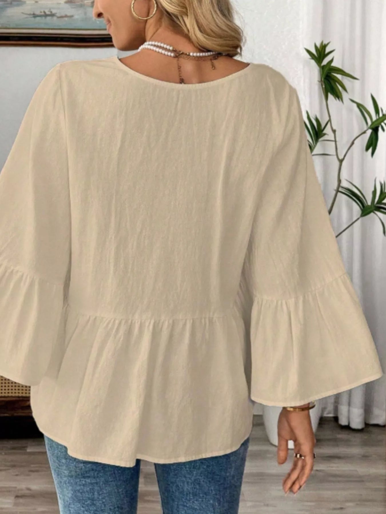 V-Neck Bell Sleeve Blouse 