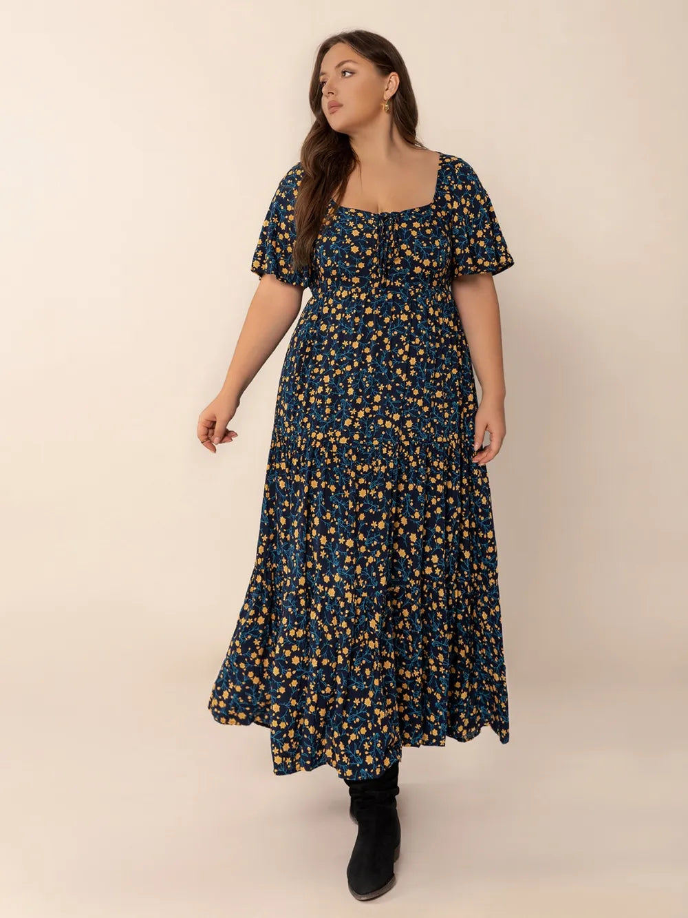 Plus Size Printed Short Sleeve Slit Tiered Maxi Dress 