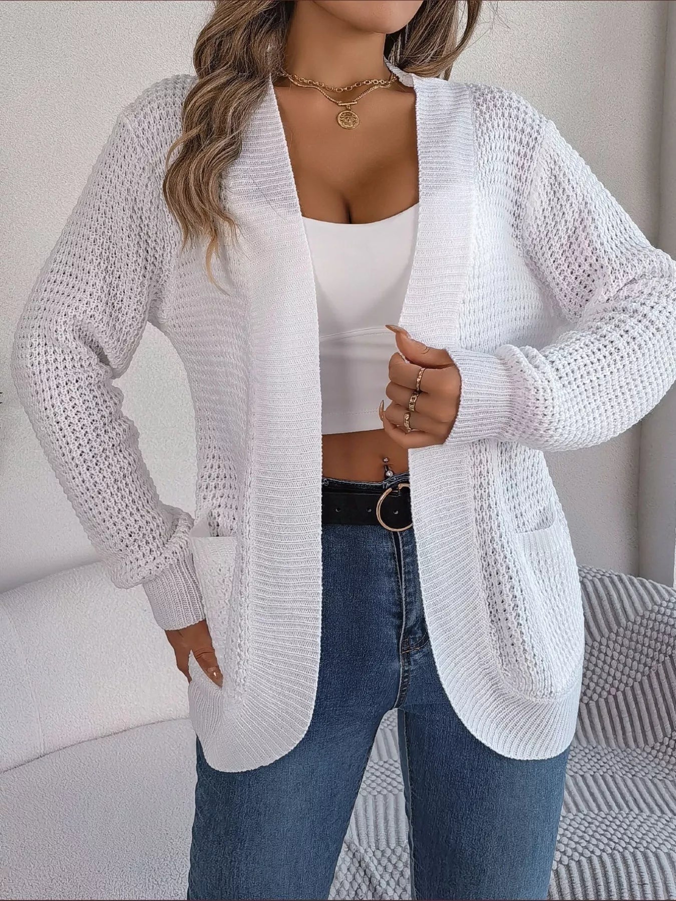 Chunky Knit Open Front Cardigan with Pockets 