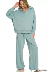 Zenana Scuba Collared Pullover & Center Seam Pants Set 