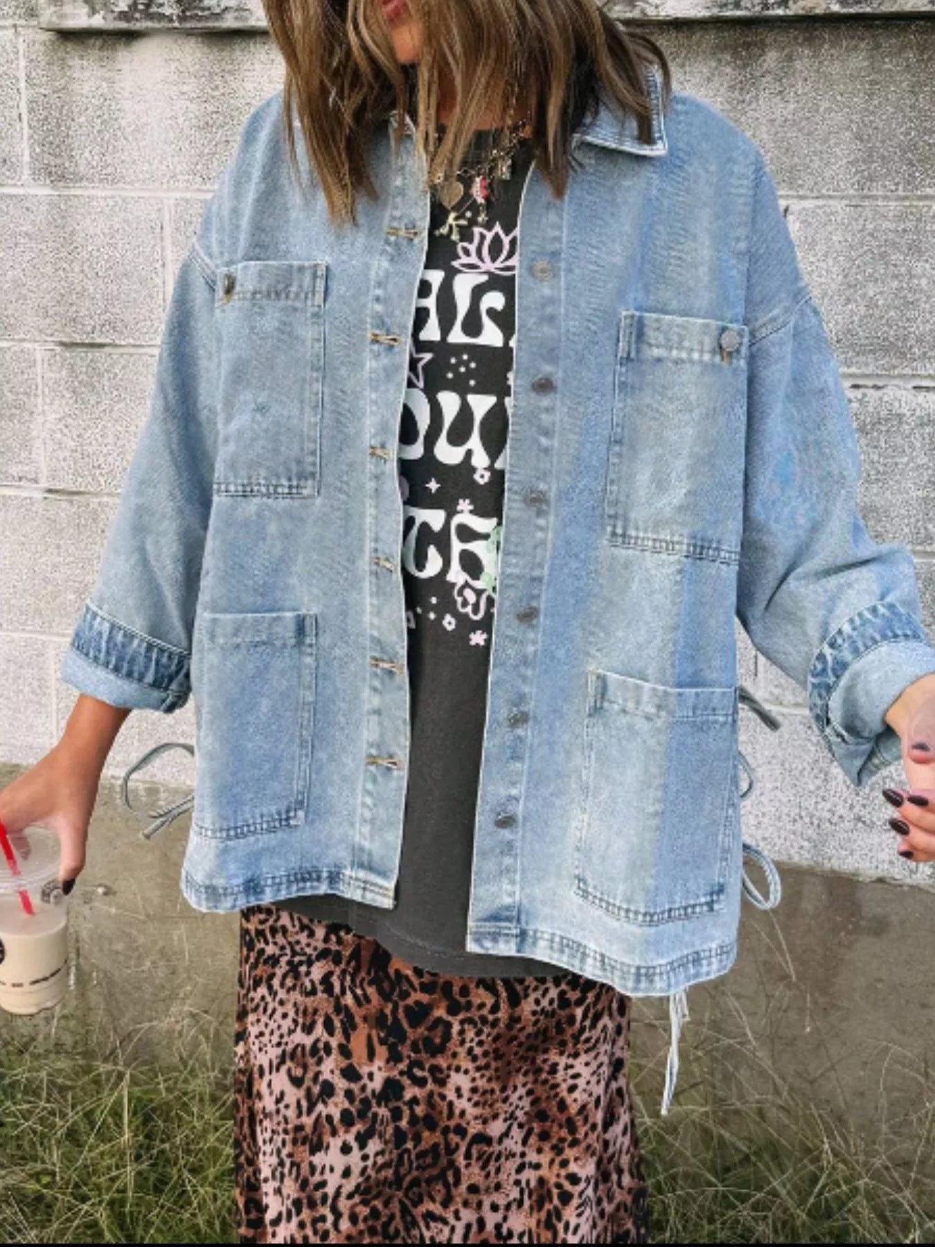Patched Pockets Side Tie Denim Jacket 