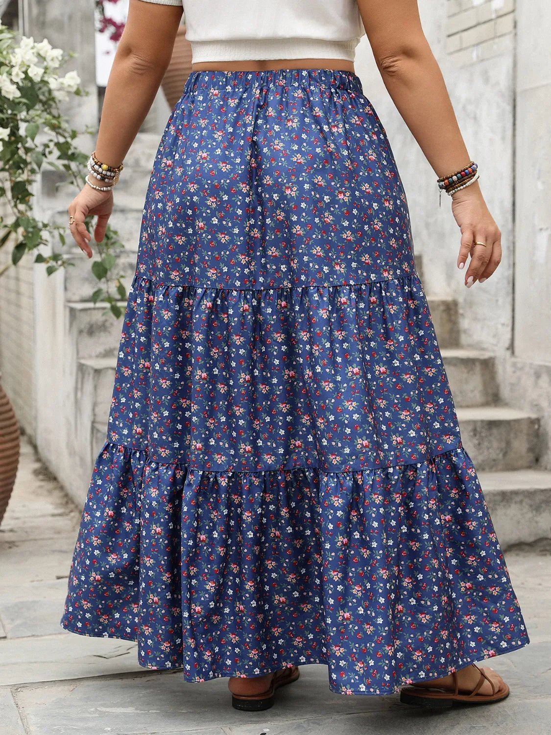 Plus Size Floral Elastic Waist Maxi Skirt 