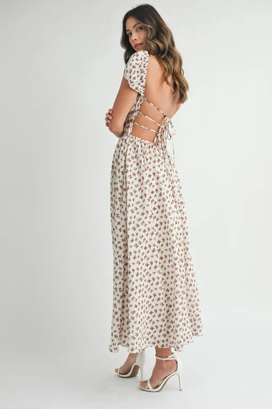 MABLE Floral Print Puff Sleeve Gathered Midi Dress 