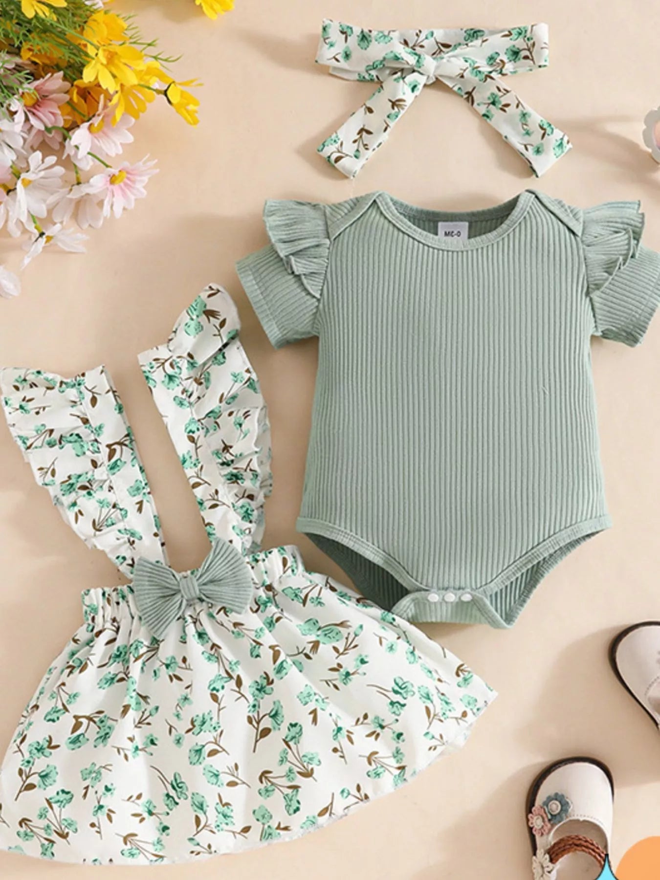 Children's Floral Print Ruffle Trim Baby Set with Headband 