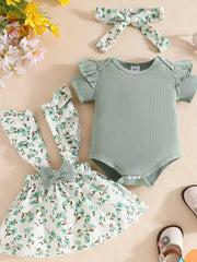 Children's Floral Print Ruffle Trim Baby Set with Headband 