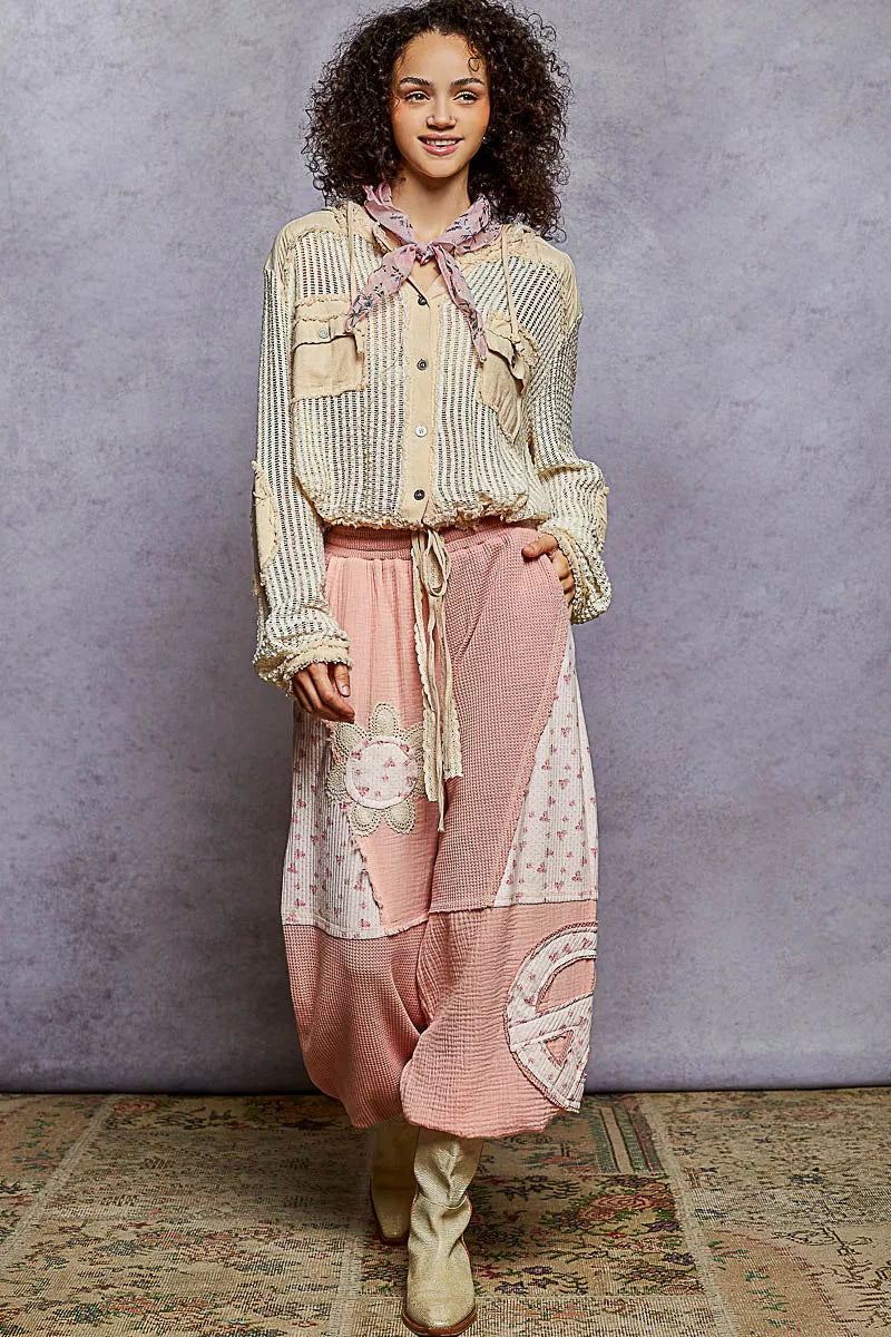 POL Texture Woven Button Down Hooded Shirt with Drawstring Hem 