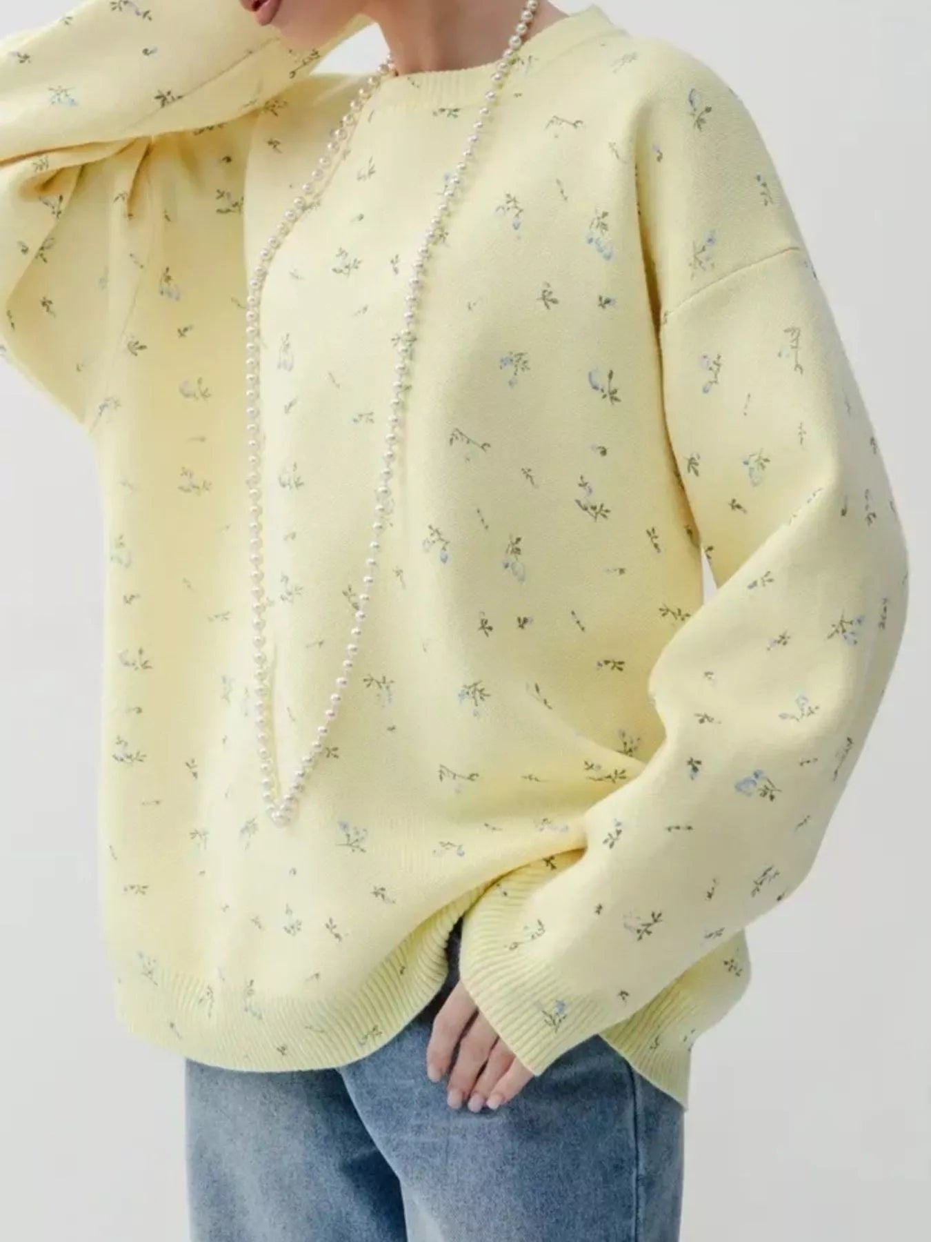 Ribbed Hem Floral Long Sleeve Sweater 