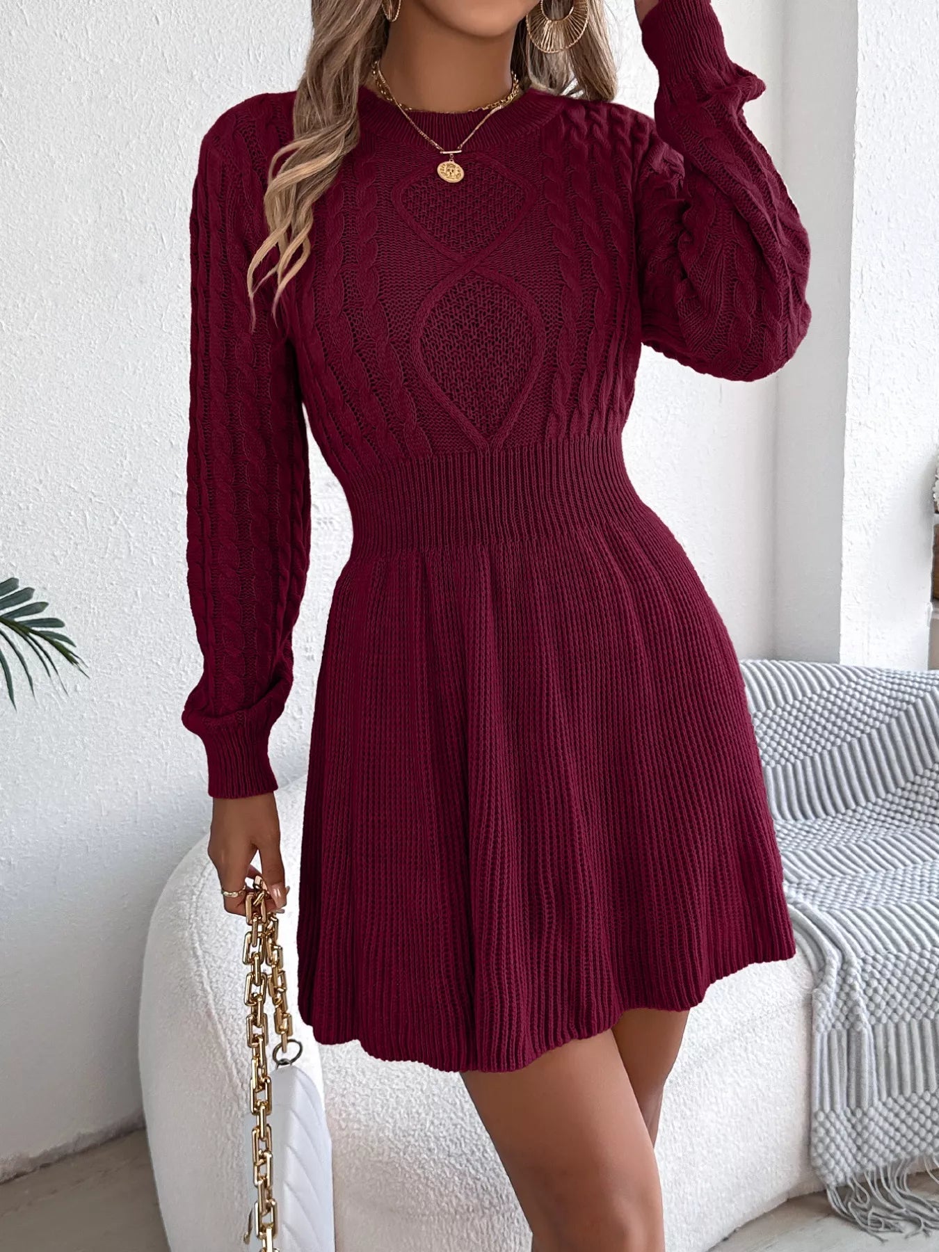 Cable Knit Long Sleeve Sweater Dress 