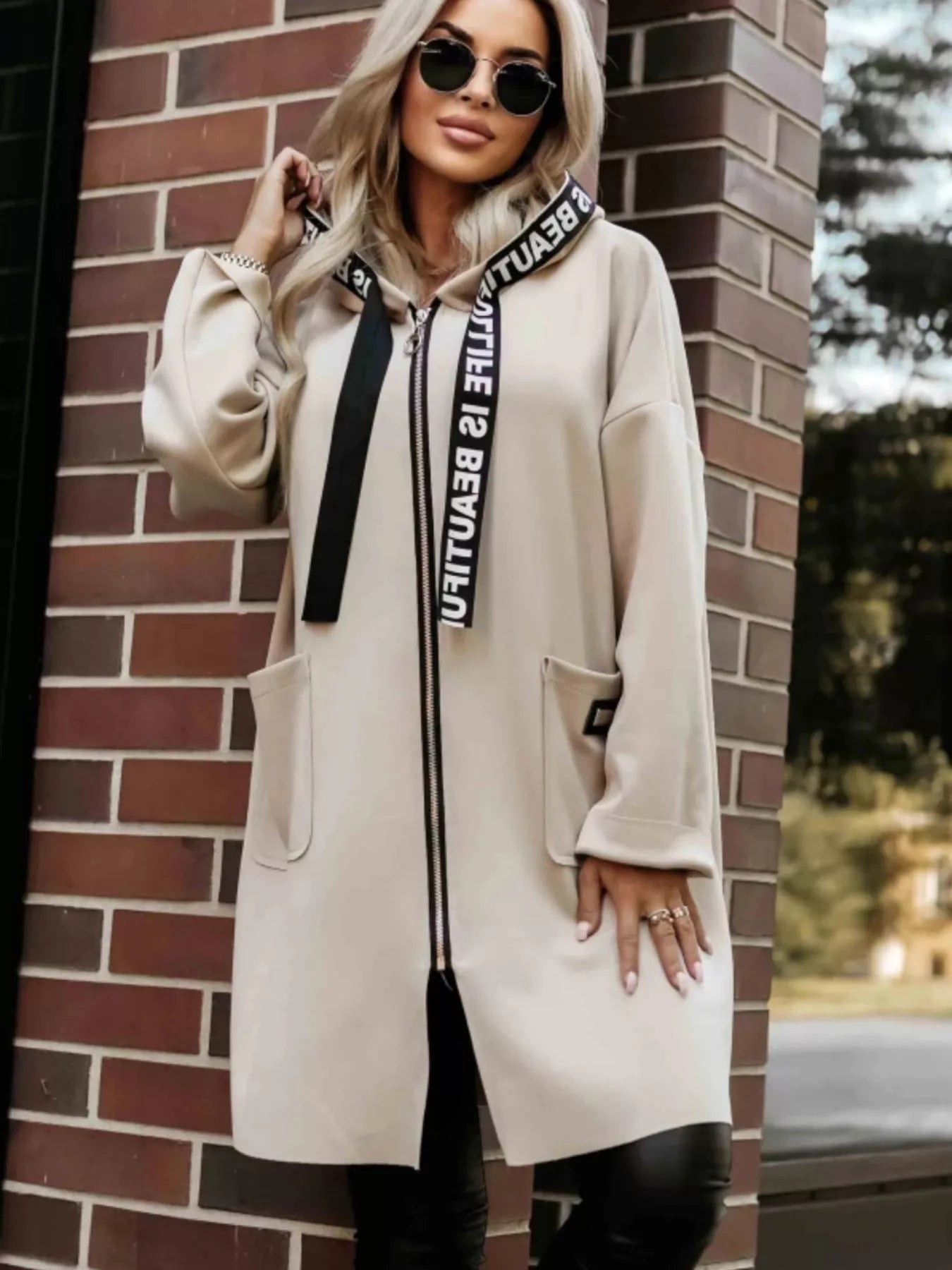 Full Size Casual Hooded Zip-Up Longline Outerwear Plus Size 