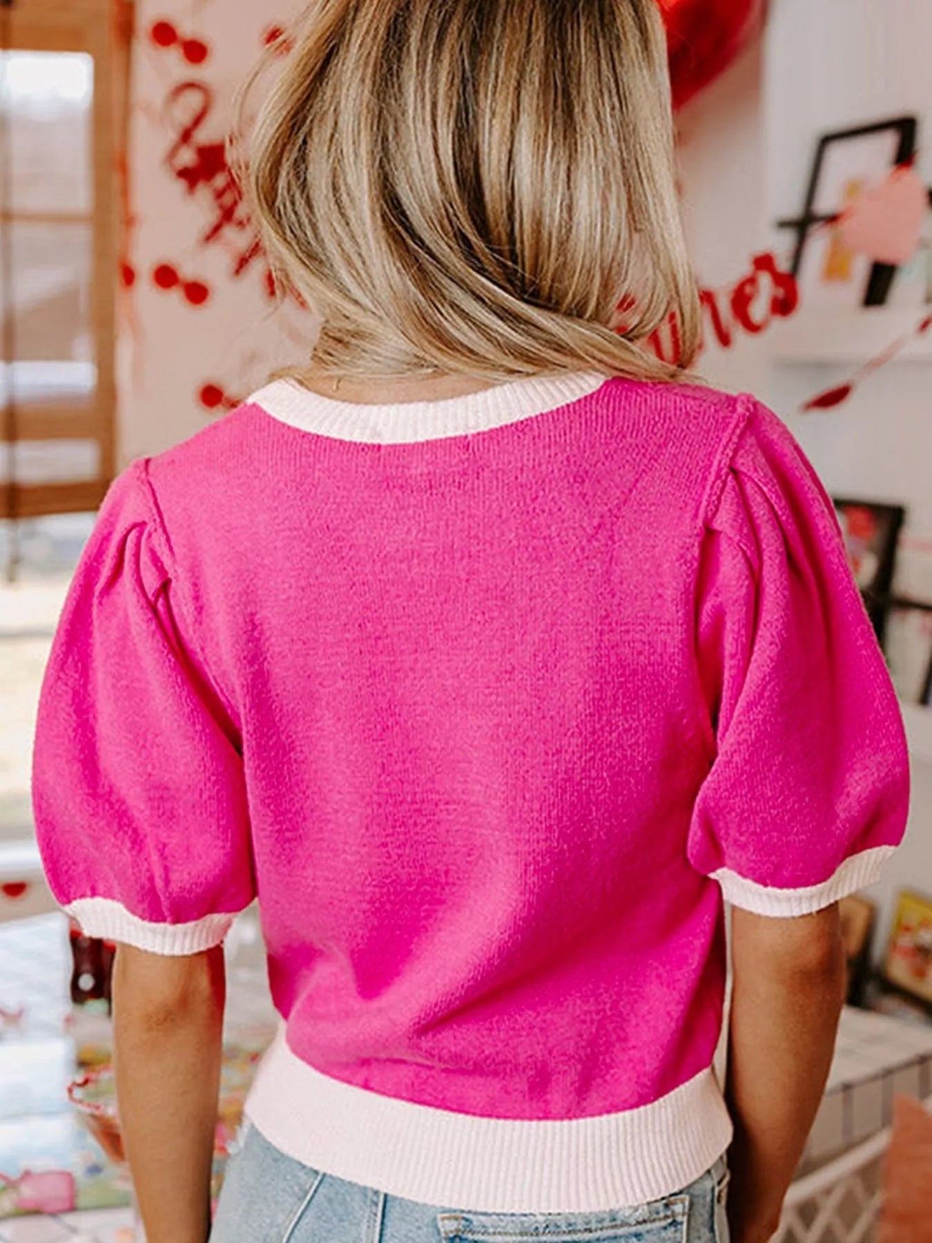 XOXO Valentines Contrast Trim Crew Neck Short Sleeve Sweater 