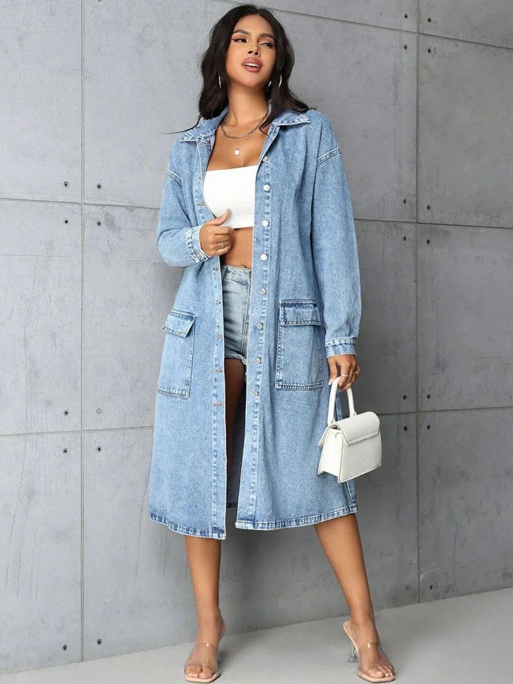 Pocketed Button Up Collared Neck Denim Top 