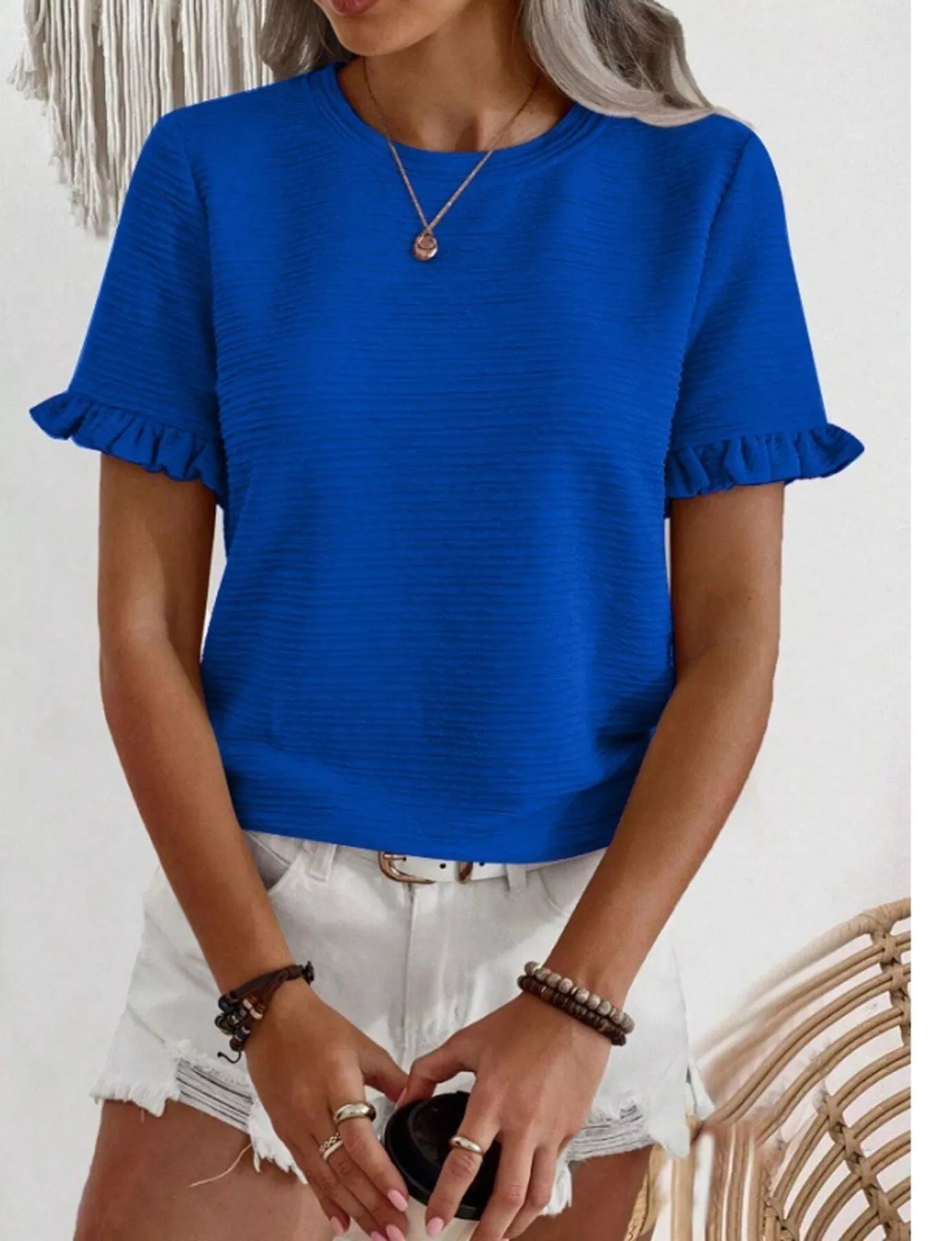Textured Ruffle Sleeve Round Neck T-Shirt 