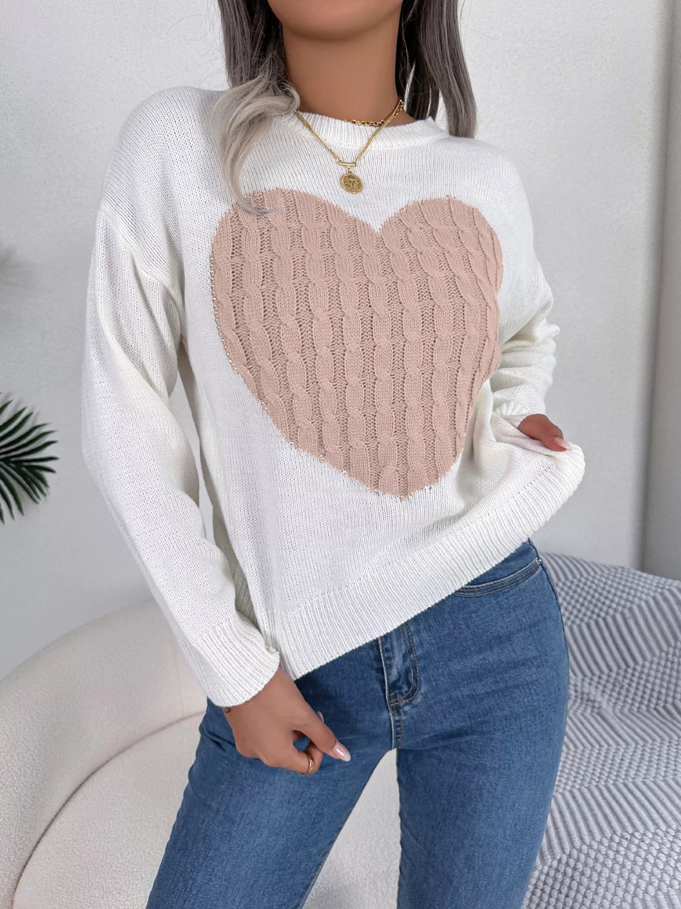 Cable Knit Heart Round Neck Sweater 