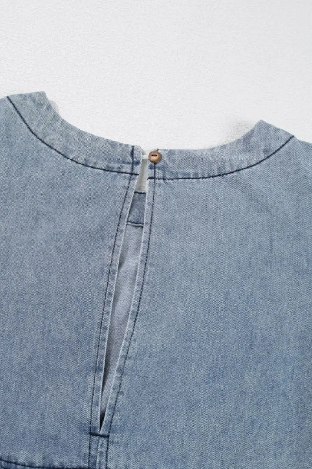 Cutout Round Neck Balloon Sleeve Denim Dress 