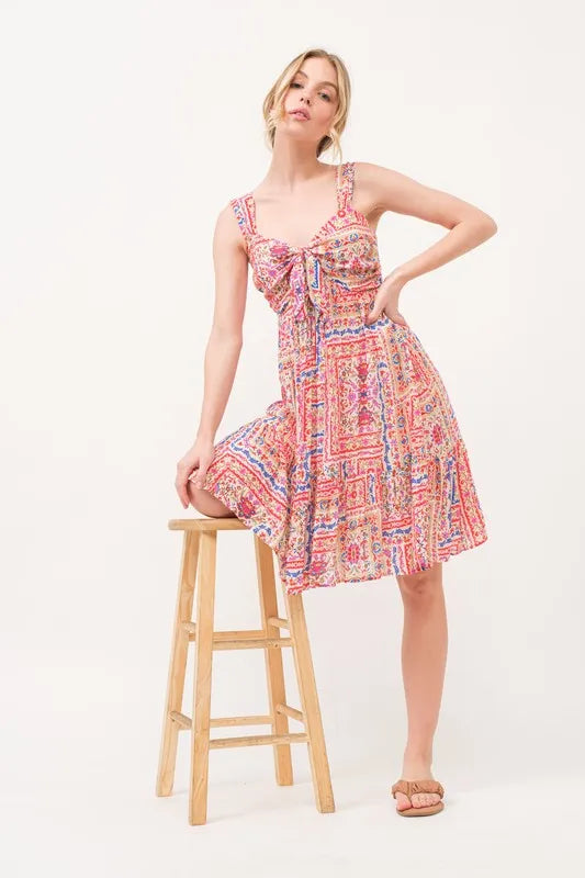 And The Why Tied Front Smocked Back Tiered Boho Printed Dress 