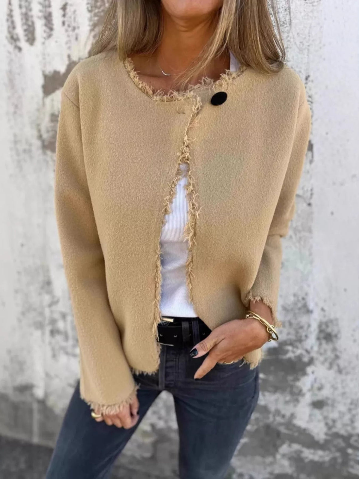 Full Size One Button Frayed Edge Cardigan Plus Size 