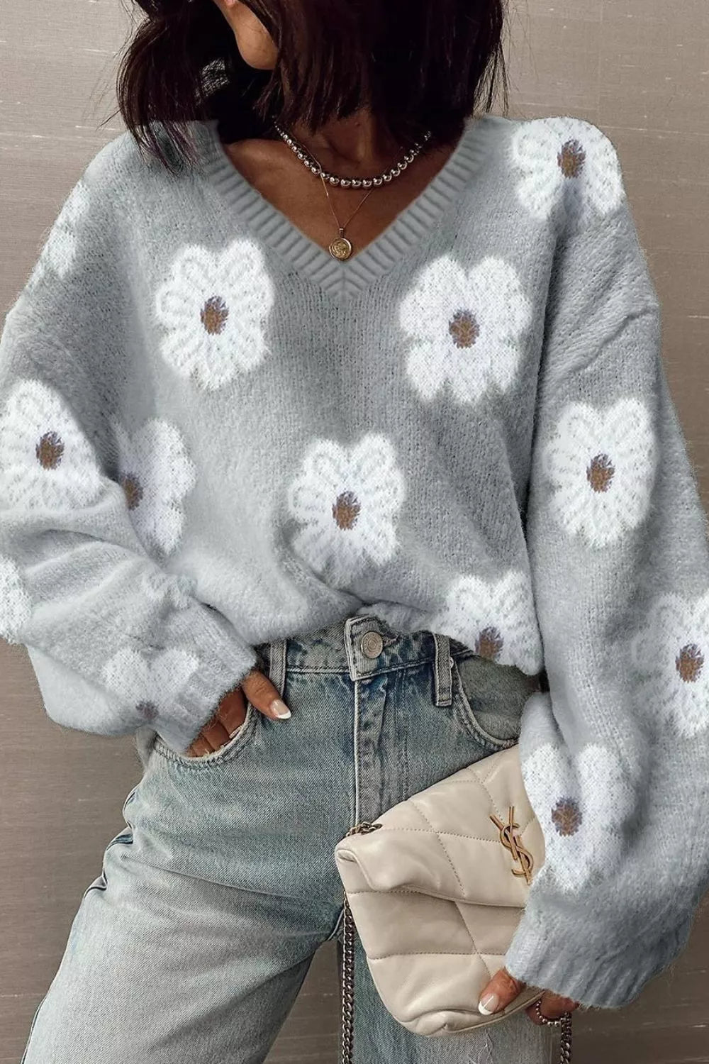 Floral Fuzzy Knit V-Neck Sweater 