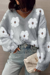 Floral Fuzzy Knit V-Neck Sweater 