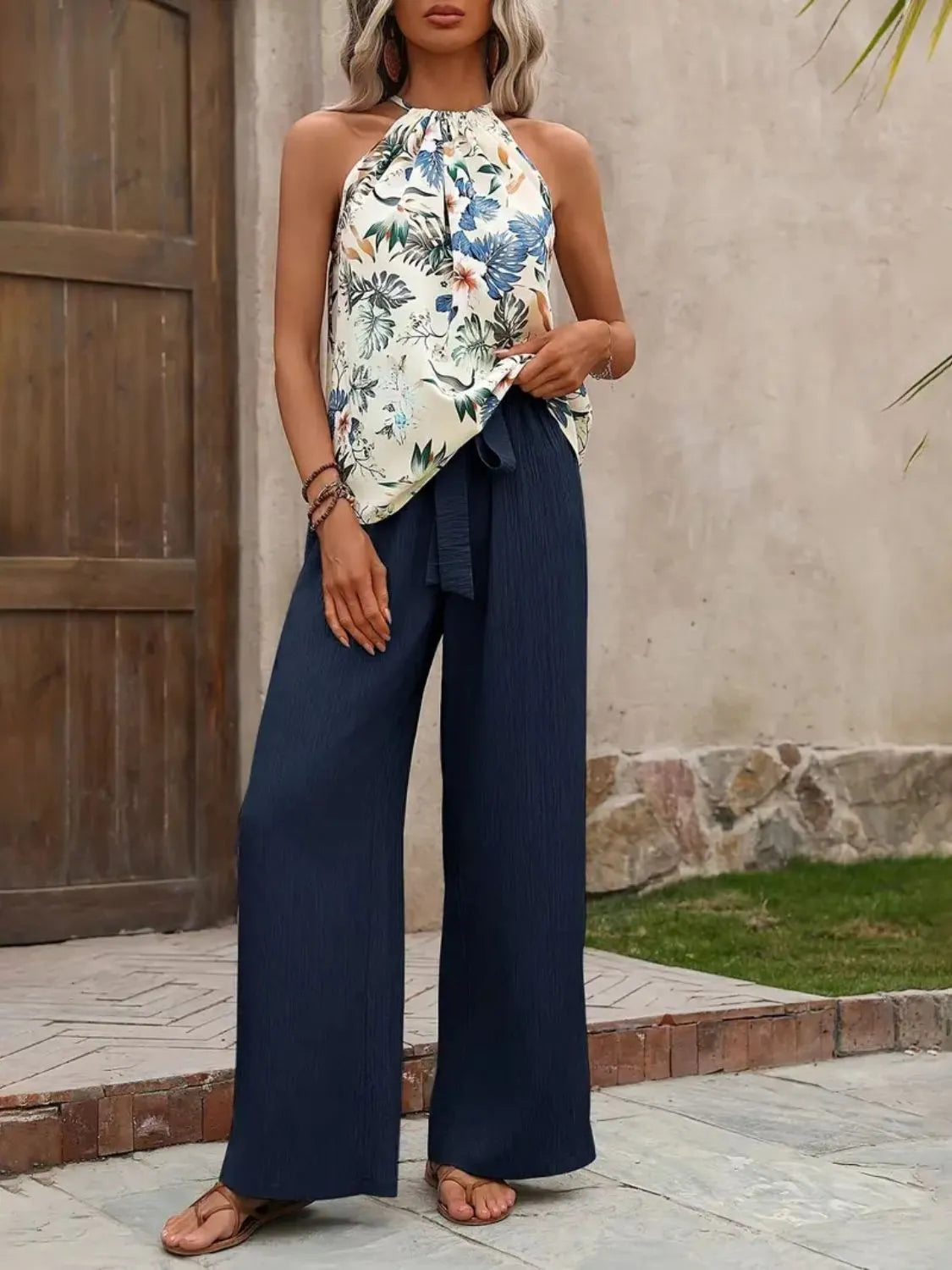 Printed Tank Top and Wide Leg Pants Set 