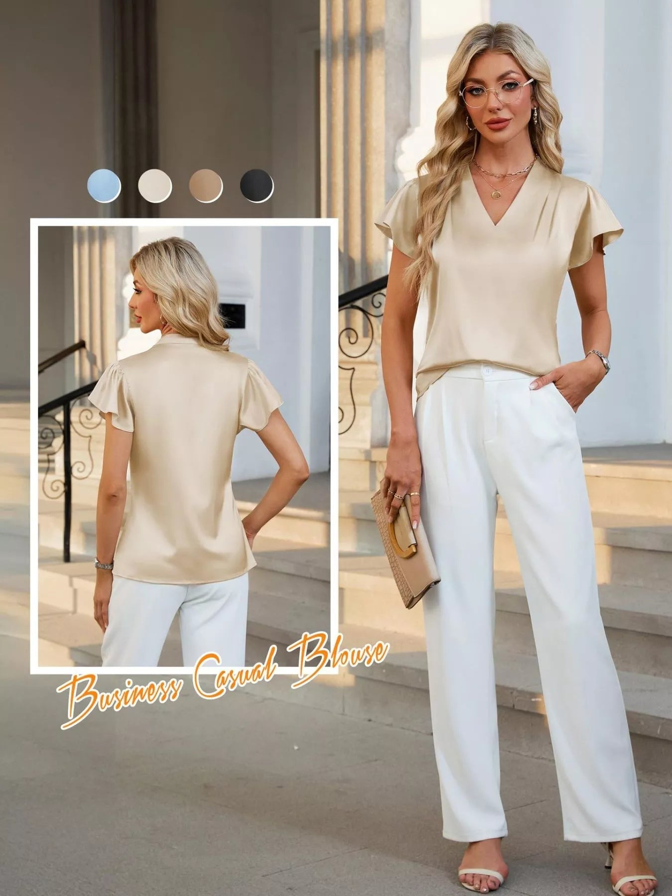 Satin V-Neck Flutter Sleeve Blouse 