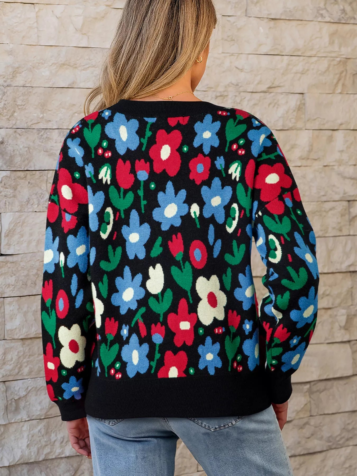 Floral Print V Neck Buttoned Cardigan 