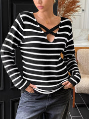 Striped Cross Front Long Sleeve Knit Top 
