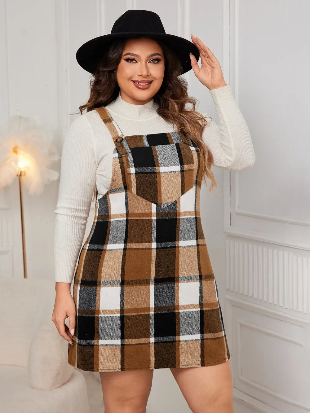Honey Plus Size Plaid Wide Strap Overall Dress 