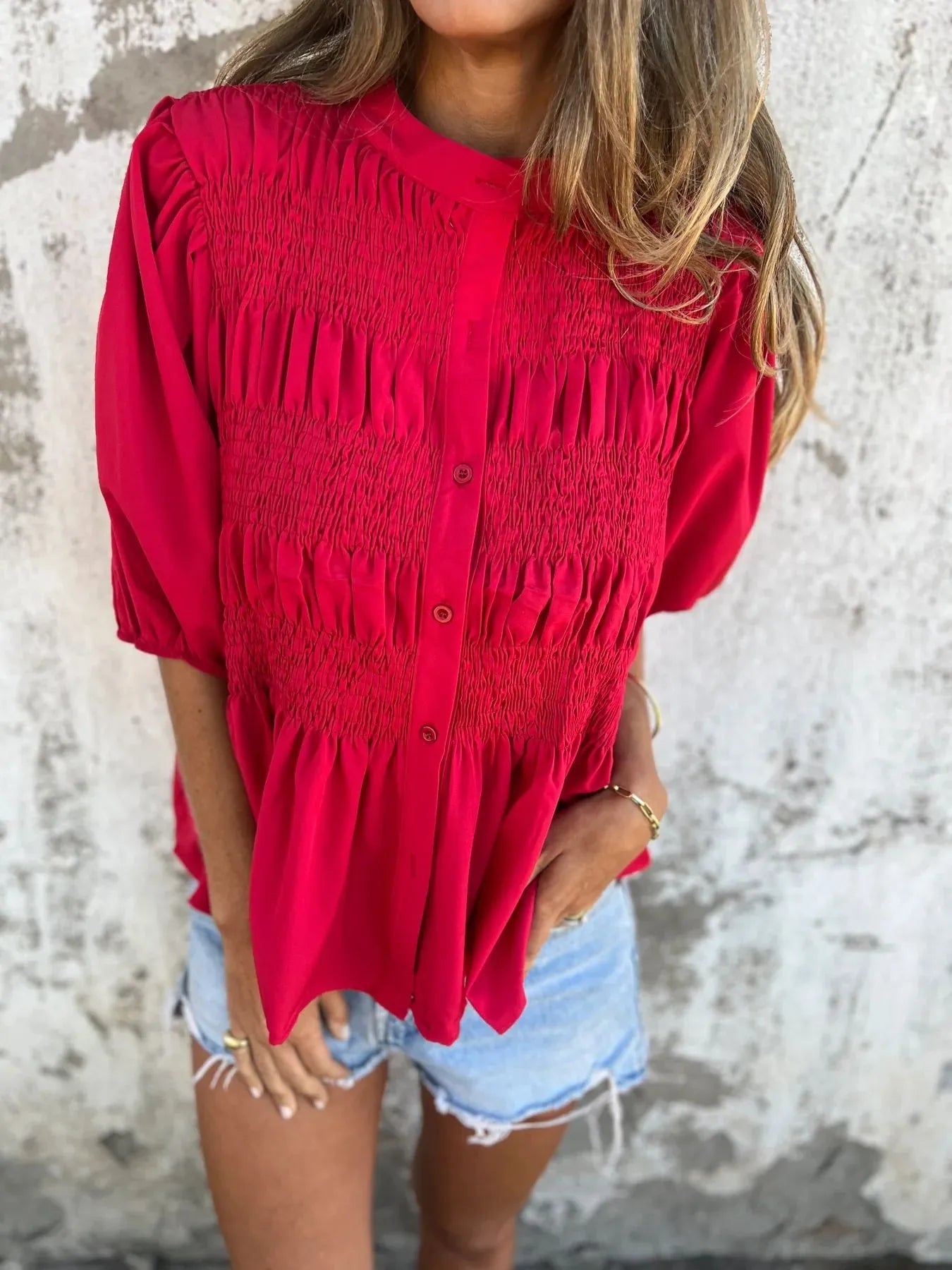 Full Size Smocked Puff Sleeve Blouse Plus Size 