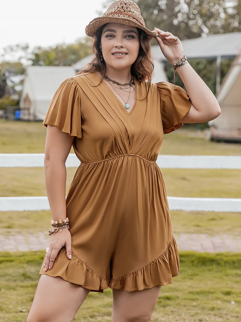Plus Size Ruffled V-Neck Short Sleeve Romper 