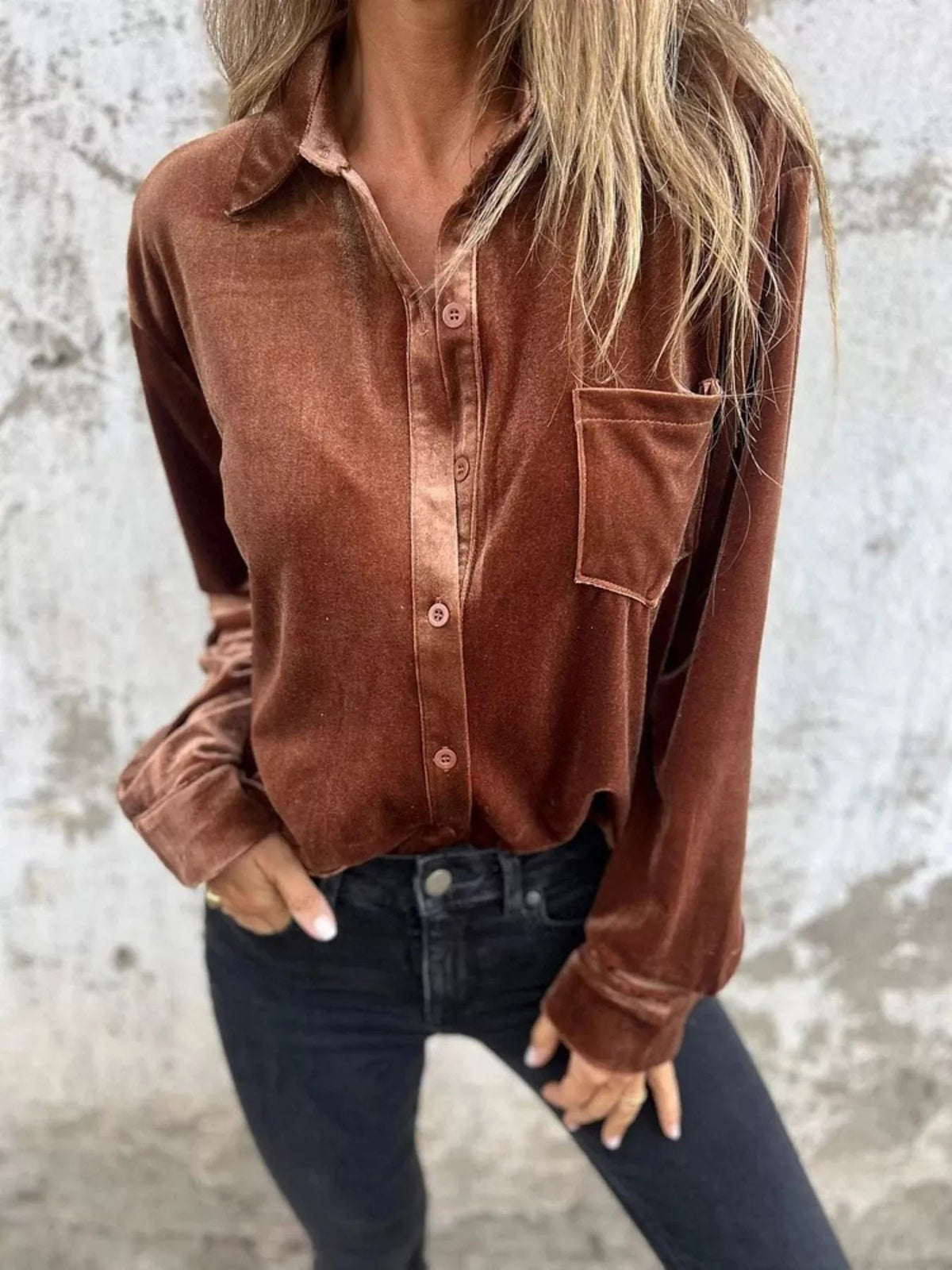 Full Size Velvet Button-Up Long Sleeve Shirt Plus Size 