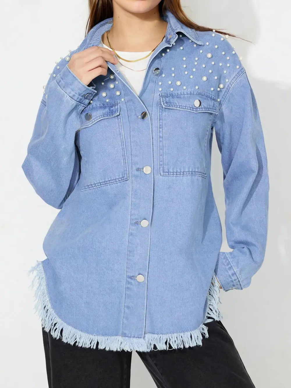 Raw Hem Pearl Trim Collared Neck Denim Top 