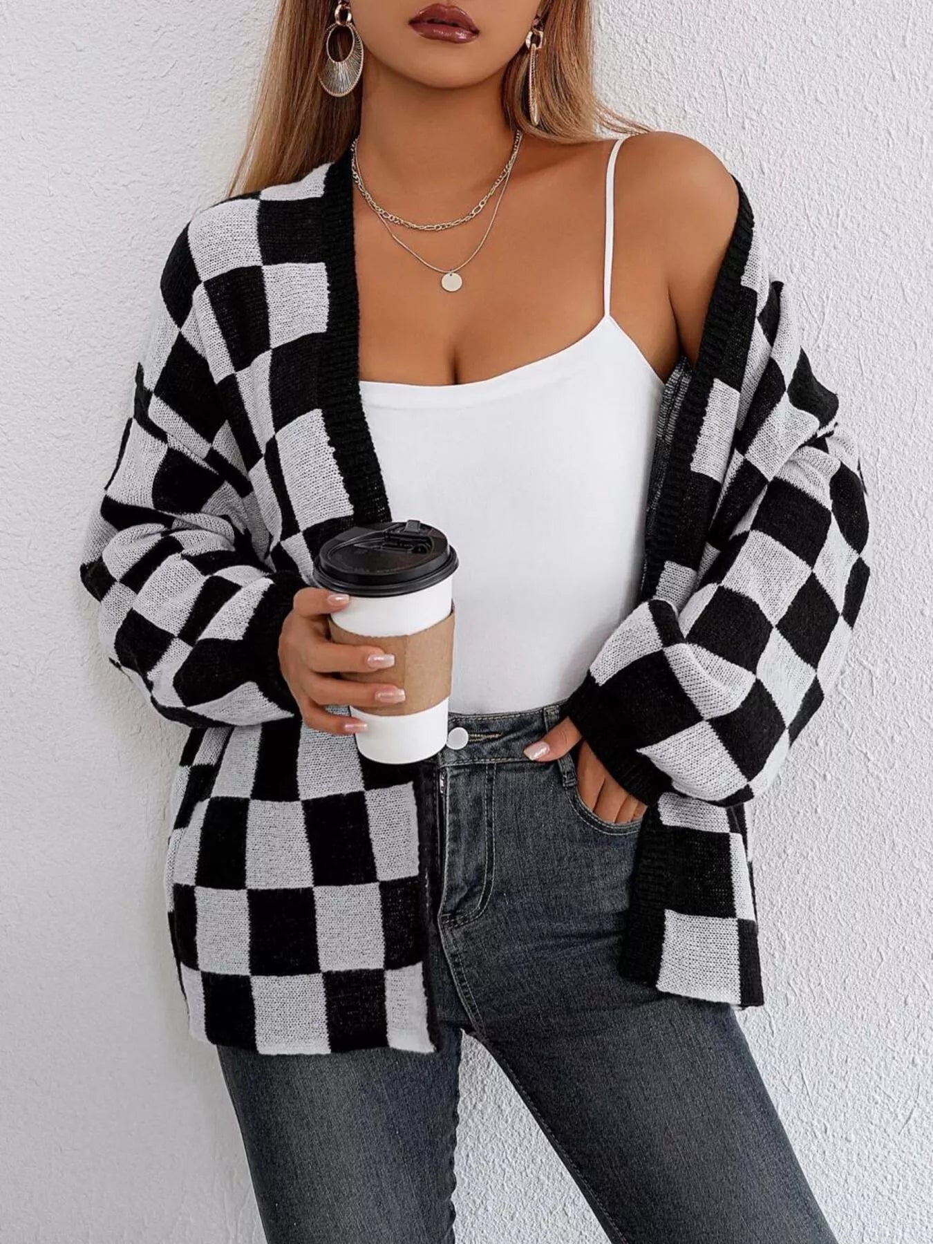 Checkerboard Pattern Open Front Knit Cardigan 