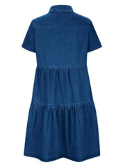 Pocketed Button Up Collared Neck Short Sleeve Denim Dress 