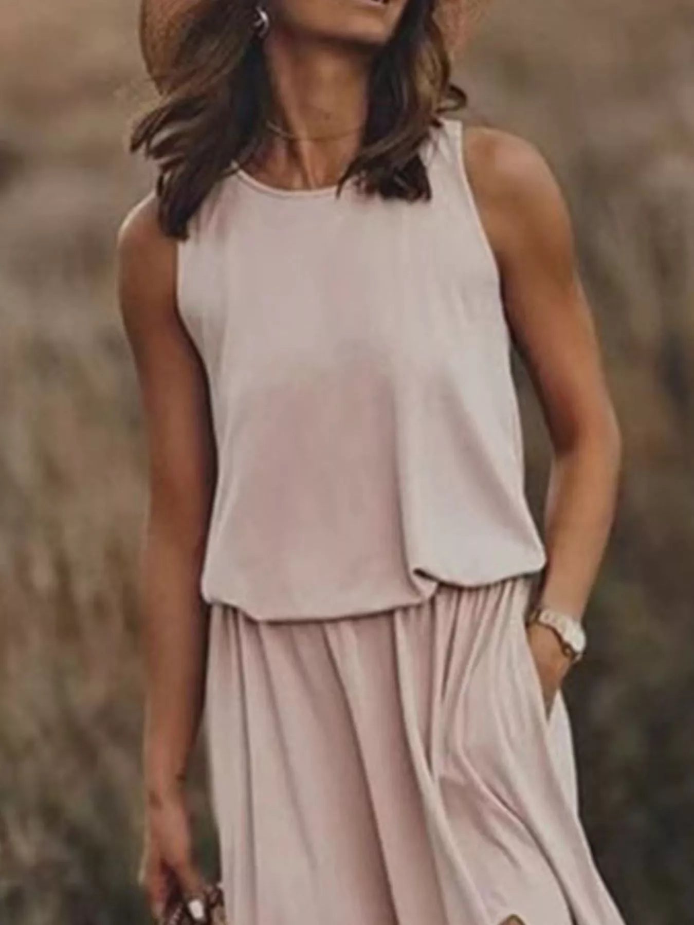 Full Size Round Neck Sleeveless Slit Maxi Dress Plus Size 