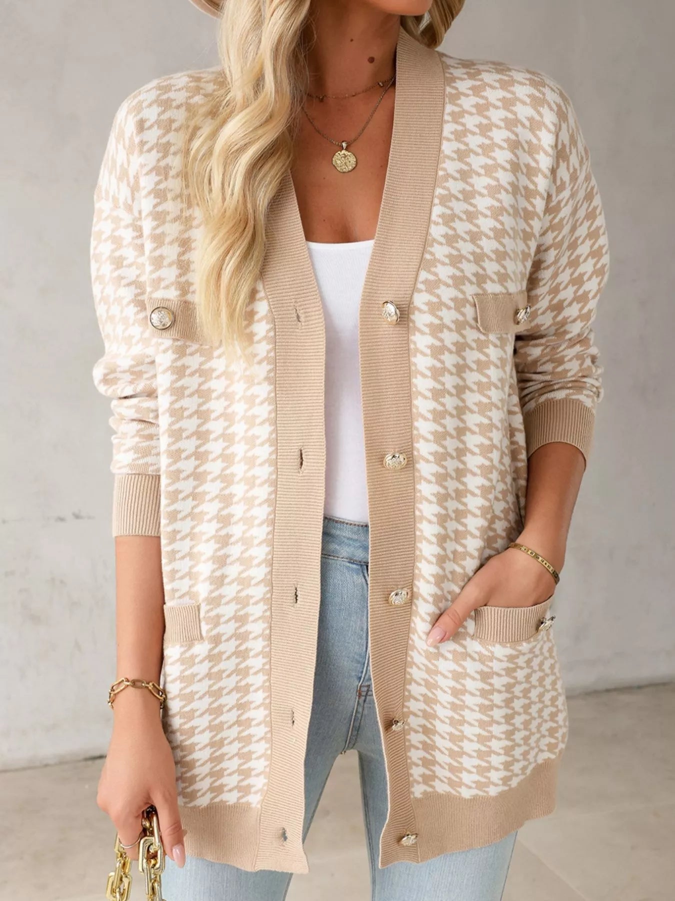Contrast Edge Metal Button Slim Cardigan with Pockets 