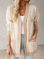 Contrast Edge Metal Button Slim Cardigan with Pockets 