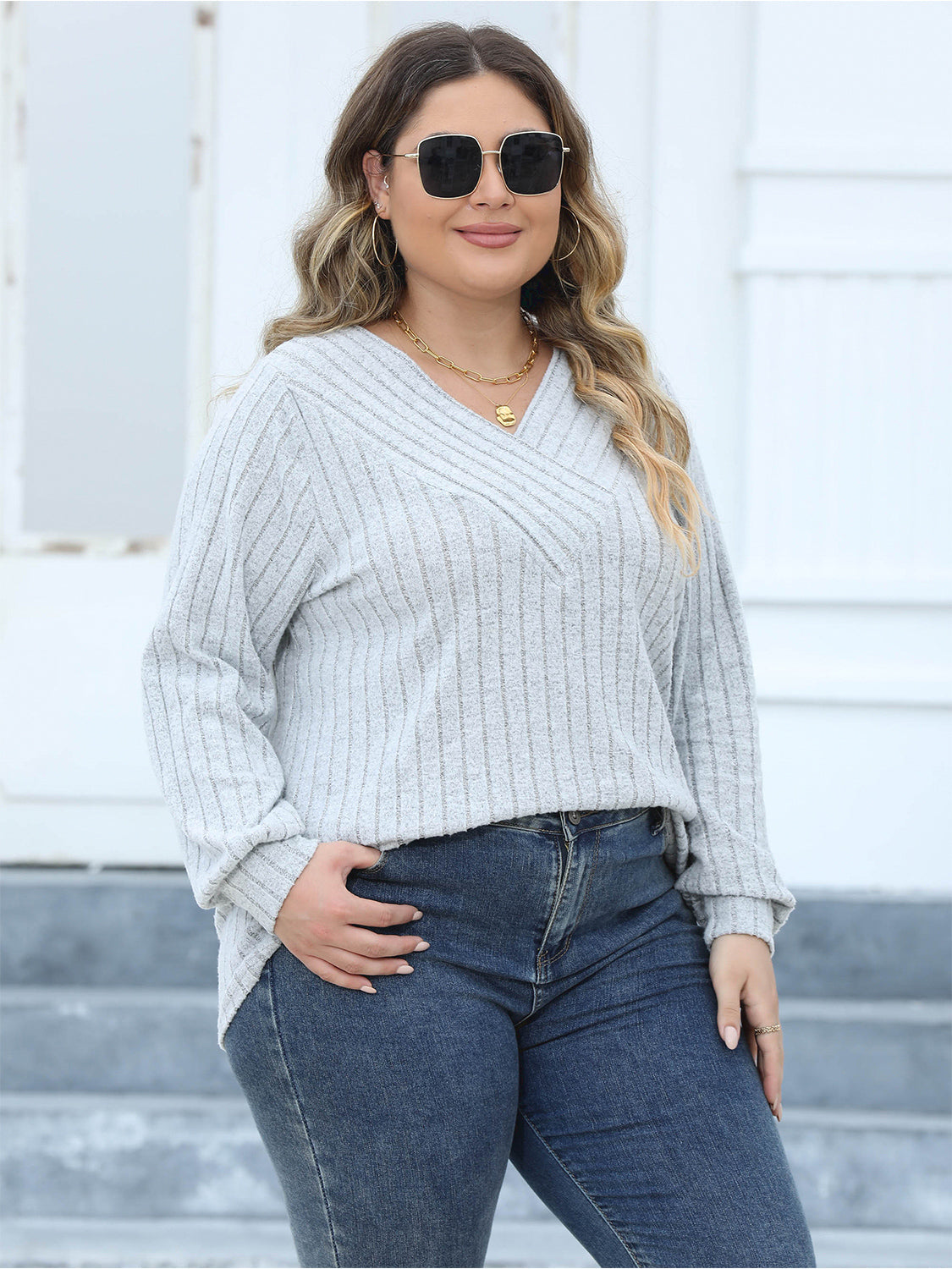 Plus Size Ribbed V-Neck Long Sleeve Top 