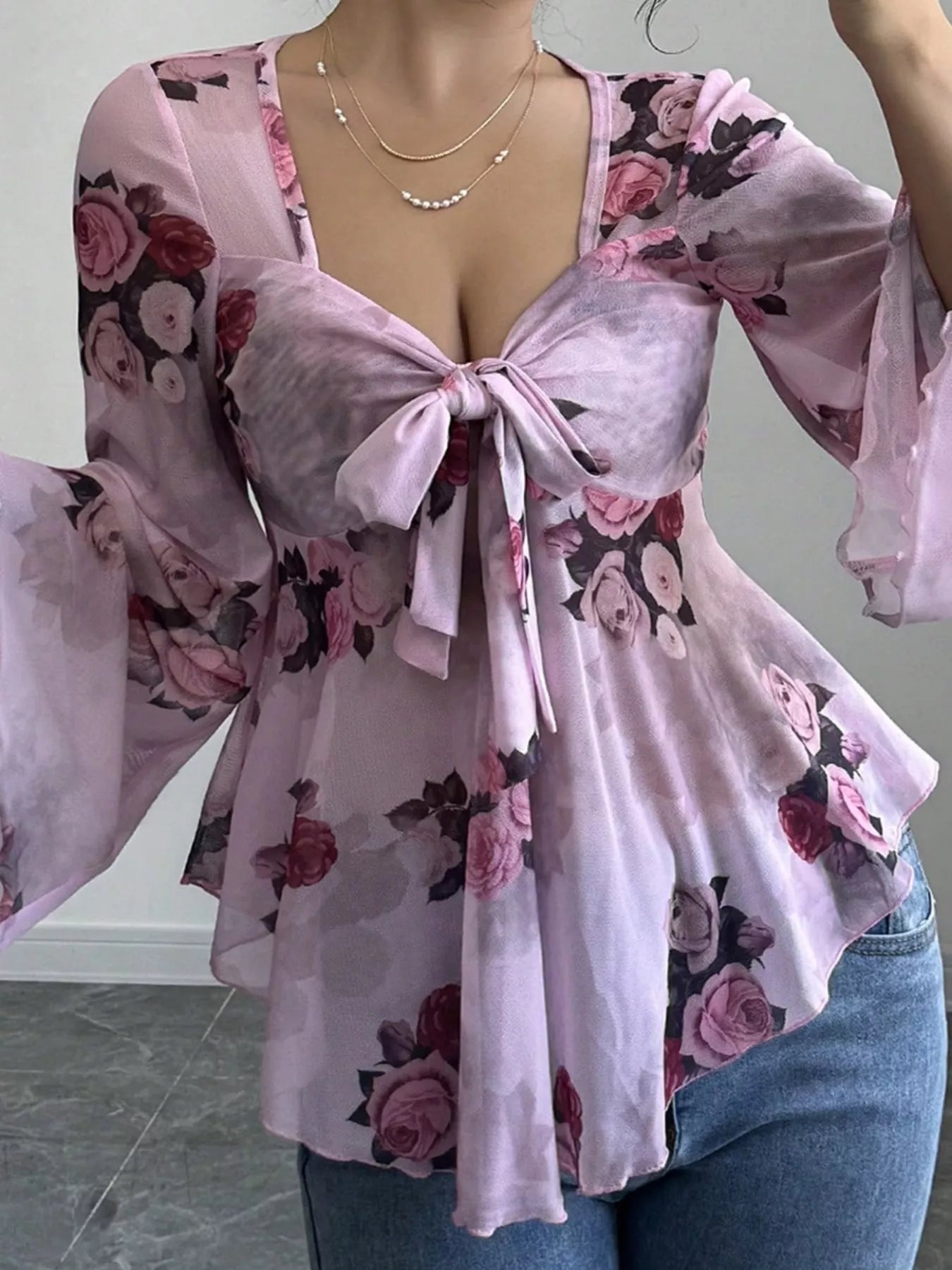 Floral Print Tie Front Flare Sleeve Blouse 